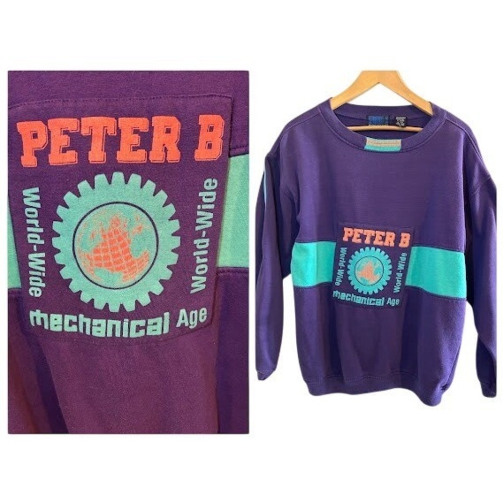Peter B Mechanical Age Graphic Sweatshirt Purple Teal Orange Mens Medium